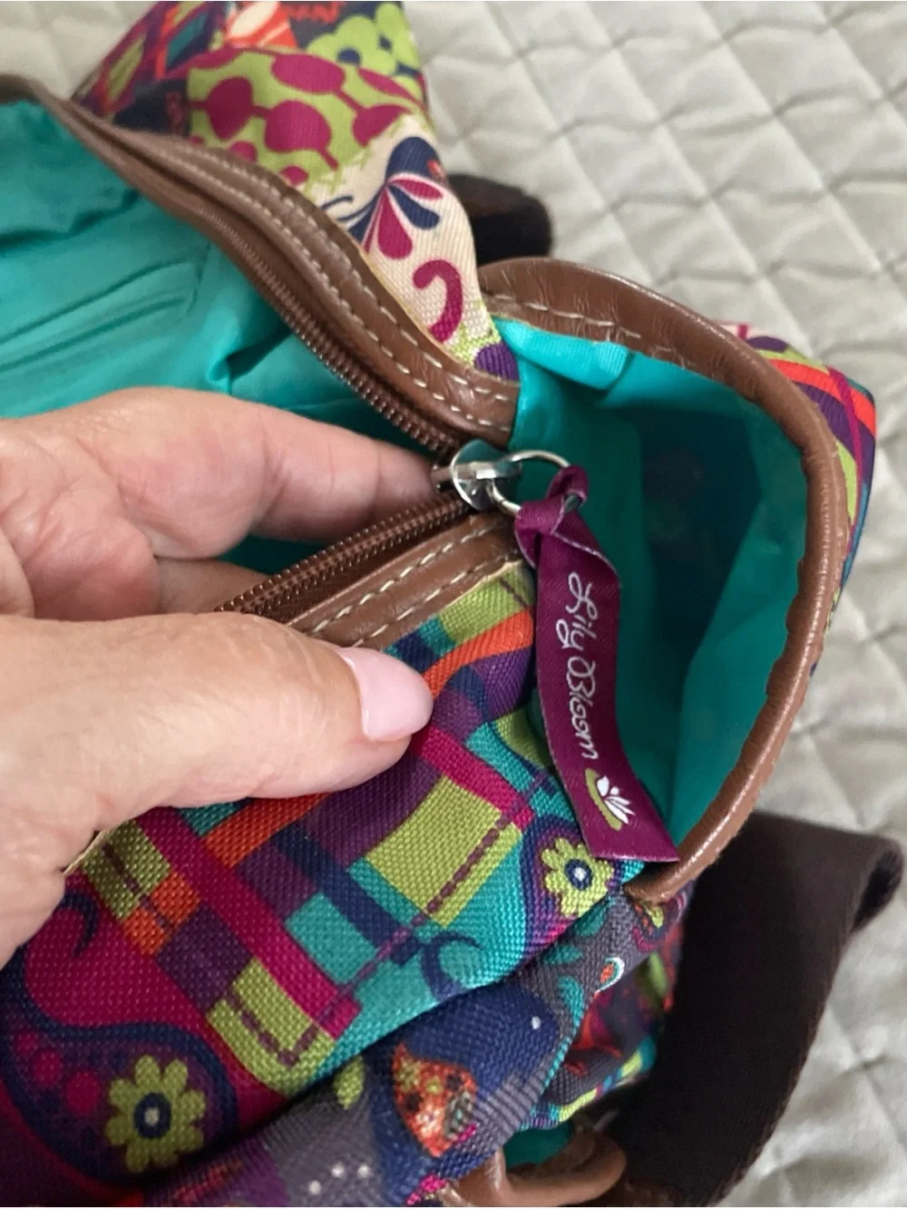 Lily Bloom Multicolor Patchwork Floral & Paisley Backpack with Brown Trim